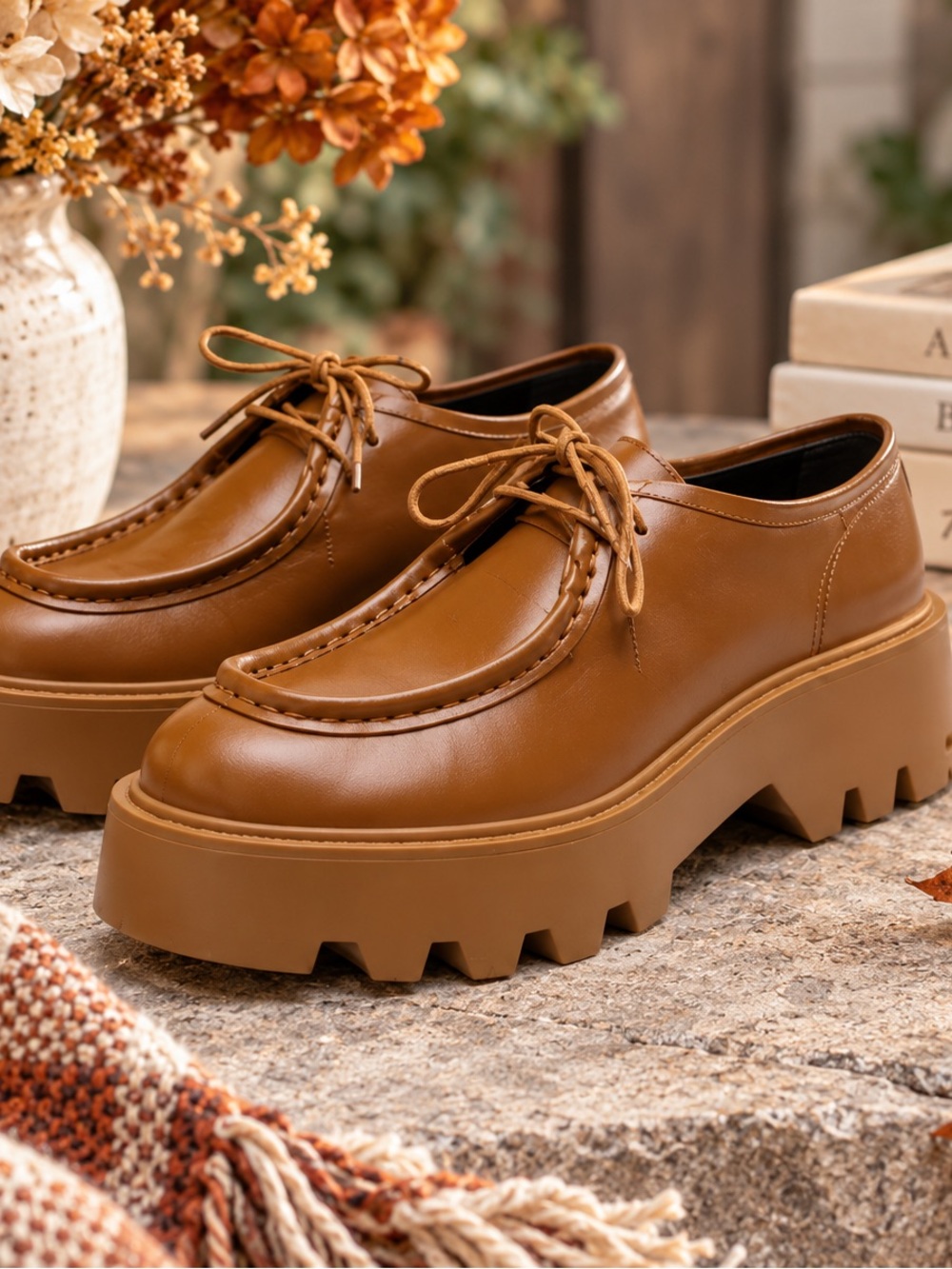Zara Cognac Tan Chunky Platform Lug Sole Lace Up Loafers Shoes Size 9 NWT